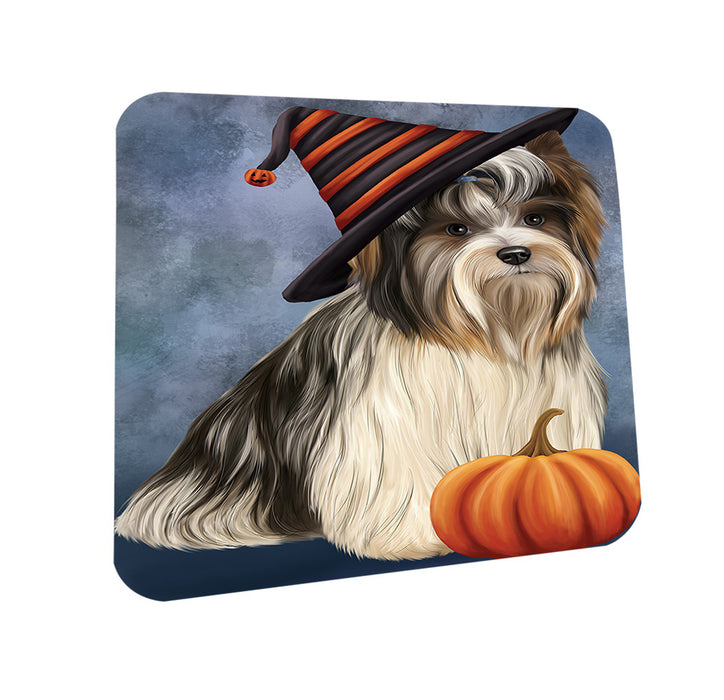 Happy Halloween Biewer Terrier Dog Wearing Witch Hat with Pumpkin Coasters Set of 4 CST54674