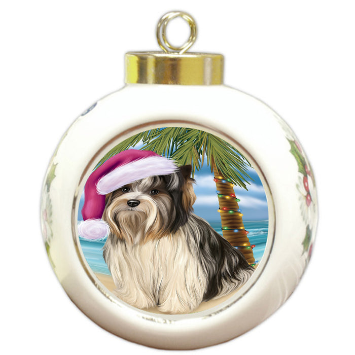Summertime Happy Holidays Christmas Biewer Terrier Dog on Tropical Island Beach Round Ball Christmas Ornament RBPOR54538