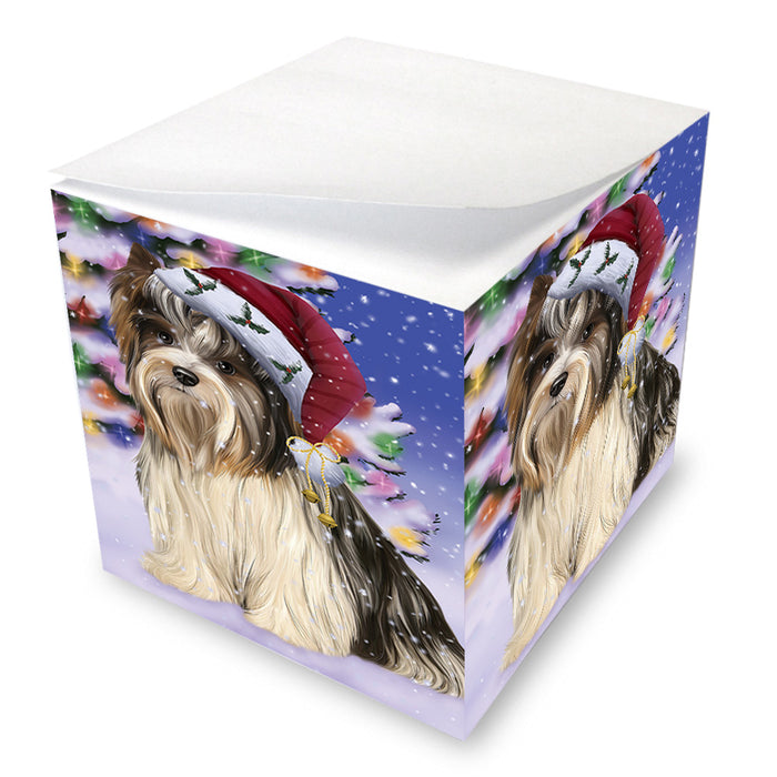 Winterland Wonderland Biewer Terrier Dog In Christmas Holiday Scenic Background Note Cube NOC55382