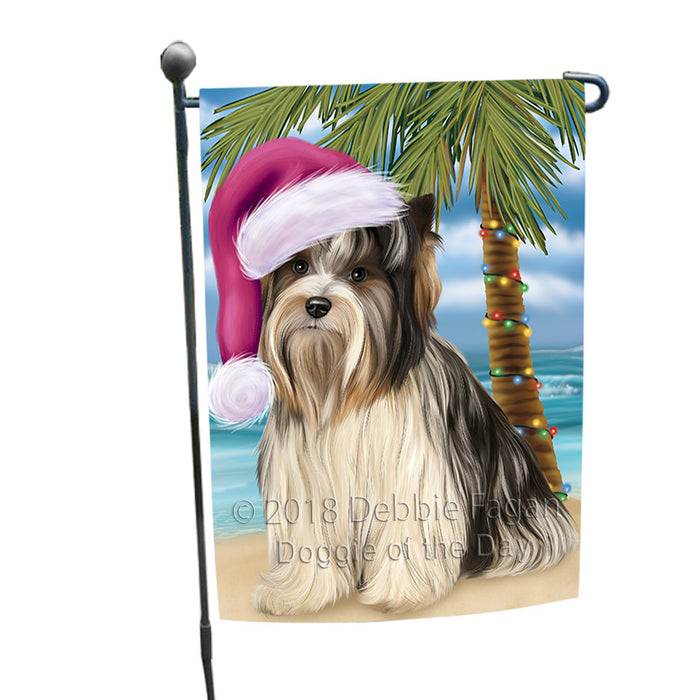 Summertime Happy Holidays Christmas Biewer Terrier Dog on Tropical Island Beach Garden Flag GFLG54600