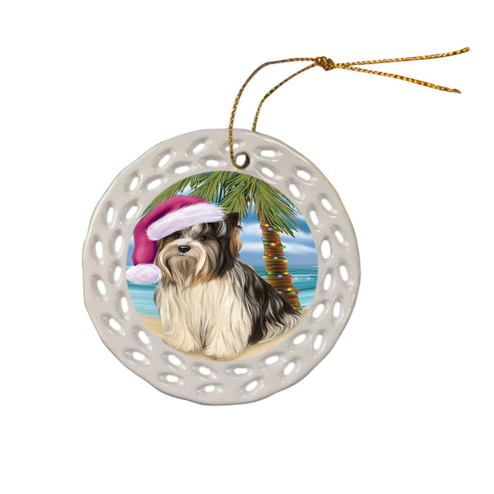 Summertime Happy Holidays Christmas Biewer Terrier Dog on Tropical Island Beach Ceramic Doily Ornament DPOR54538