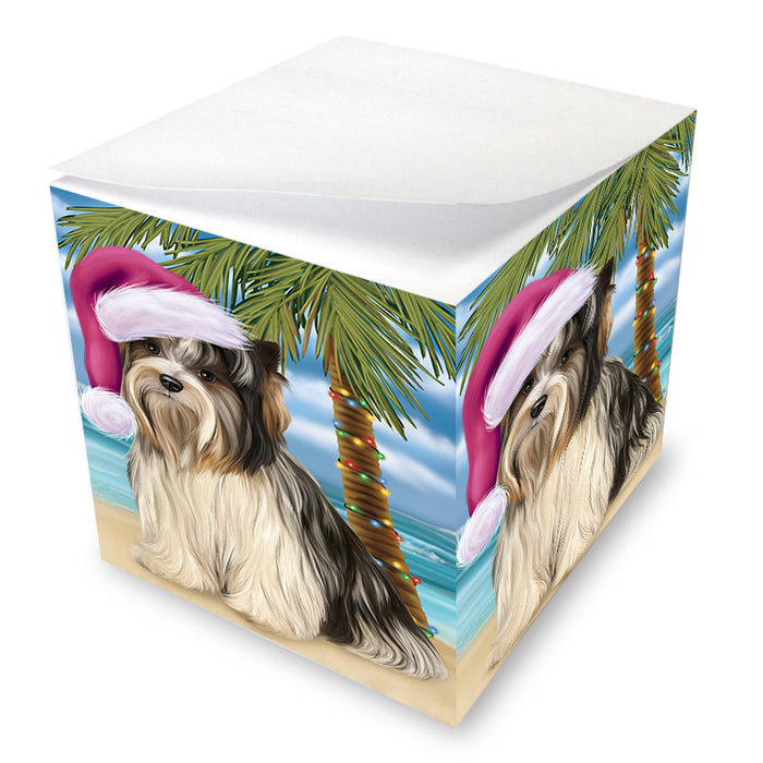 Summertime Happy Holidays Christmas Biewer Terrier Dog on Tropical Island Beach Note Cube NOC56056