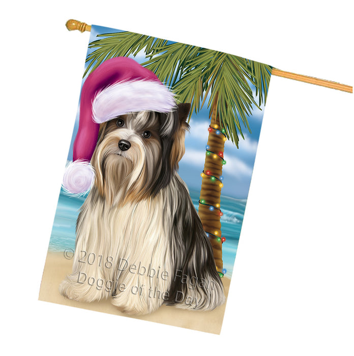 Summertime Happy Holidays Christmas Biewer Terrier Dog on Tropical Island Beach House Flag FLG54736