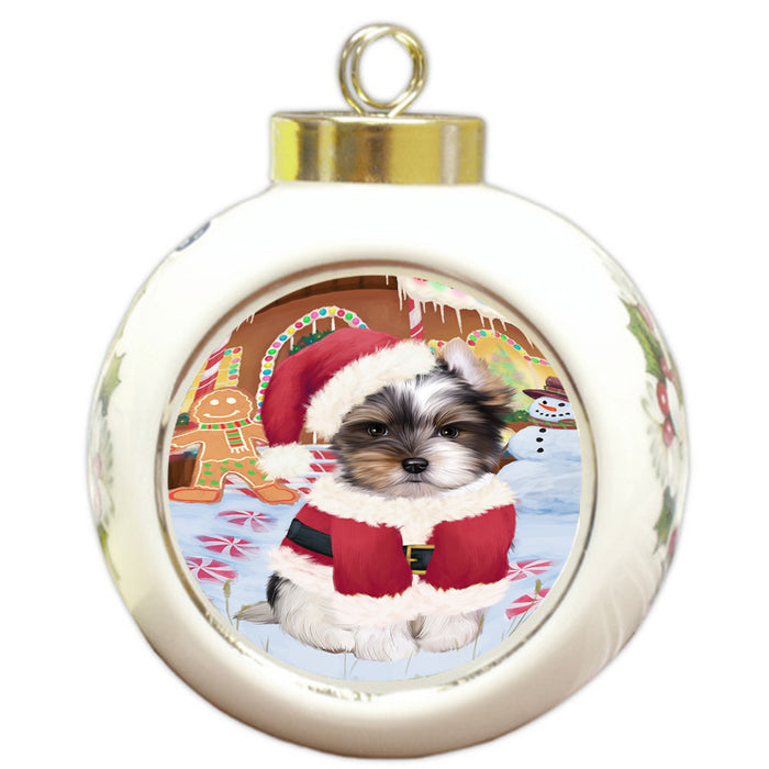 Christmas Gingerbread House Candyfest Biewer Terrier Dog Round Ball Christmas Ornament RBPOR56543