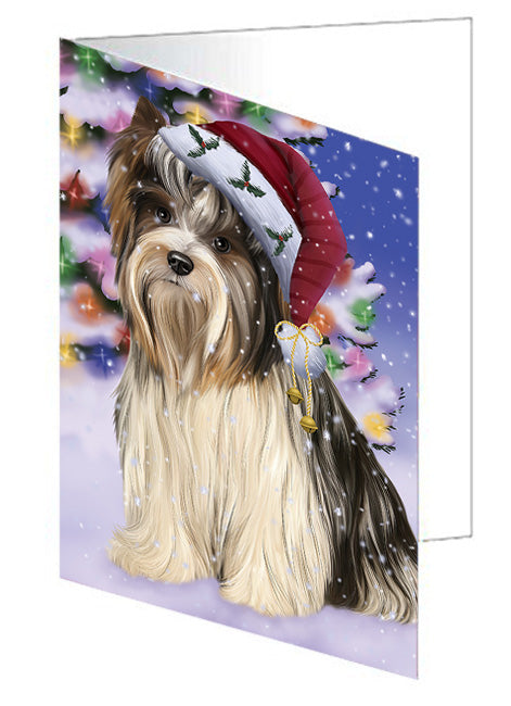 Winterland Wonderland Biewer Terrier Dog In Christmas Holiday Scenic Background Handmade Artwork Assorted Pets Greeting Cards and Note Cards with Envelopes for All Occasions and Holiday Seasons GCD65237