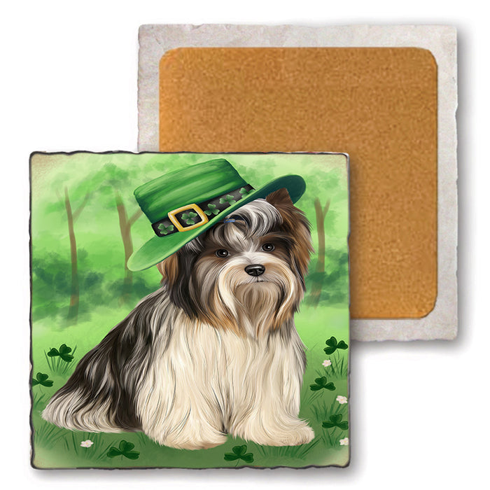 St. Patricks Day Irish Portrait Biewer Terrier Dog Set of 4 Natural Stone Marble Tile Coasters MCST51982