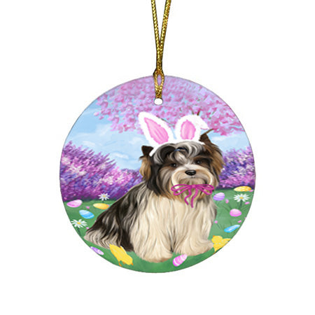Easter Holiday Biewer Terrier Dog Round Flat Christmas Ornament RFPOR57279