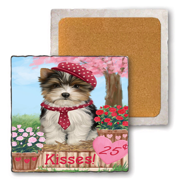 Rosie 25 Cent Kisses Biewer Terrier Dog Set of 4 Natural Stone Marble Tile Coasters MCST50929