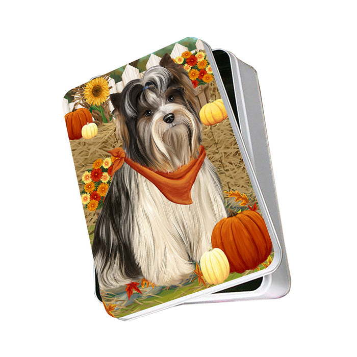 Fall Autumn Greeting Biewer Terrier Dog with Pumpkins Photo Storage Tin PITN52308