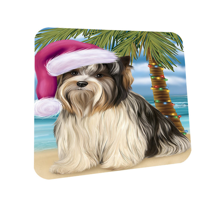 Summertime Happy Holidays Christmas Biewer Terrier Dog on Tropical Island Beach Coasters Set of 4 CST54368