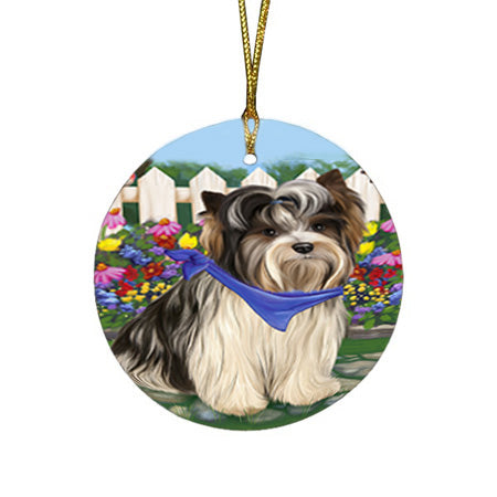 Spring Floral Biewer Terrier Dog Round Flat Christmas Ornament RFPOR52228