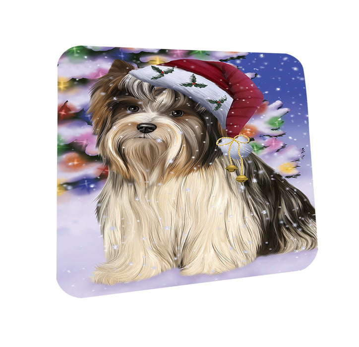 Winterland Wonderland Biewer Terrier Dog In Christmas Holiday Scenic Background Coasters Set of 4 CST53694