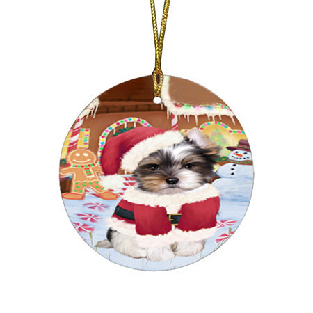 Christmas Gingerbread House Candyfest Biewer Terrier Dog Round Flat Christmas Ornament RFPOR56543