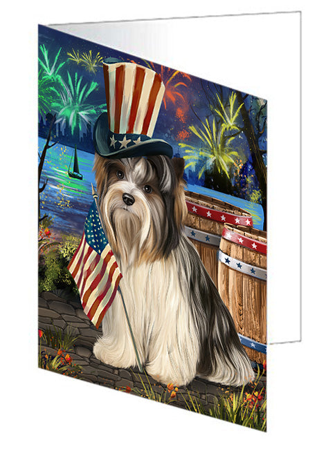 4th of July Independence Day Fireworks Biewer Terrier Dog at the Lake Handmade Artwork Assorted Pets Greeting Cards and Note Cards with Envelopes for All Occasions and Holiday Seasons GCD57308
