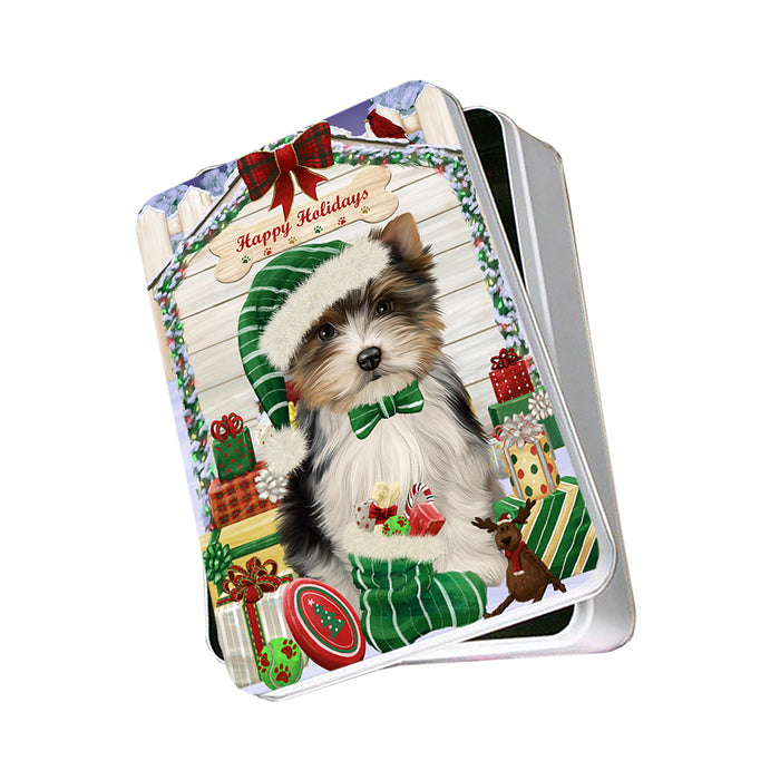 Happy Holidays Christmas Biewer Terrier Dog With Presents Photo Storage Tin PITN52634
