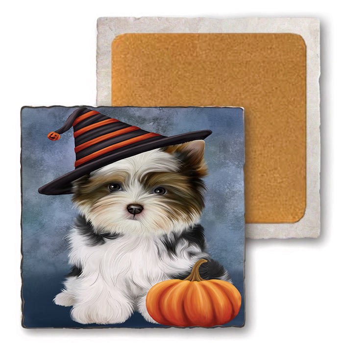 Happy Halloween Biewer Terrier Dog Wearing Witch Hat with Pumpkin Set of 4 Natural Stone Marble Tile Coasters MCST49717