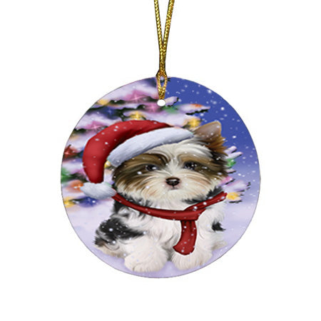 Winterland Wonderland Biewer Terrier Dog In Christmas Holiday Scenic Background Round Flat Christmas Ornament RFPOR53728