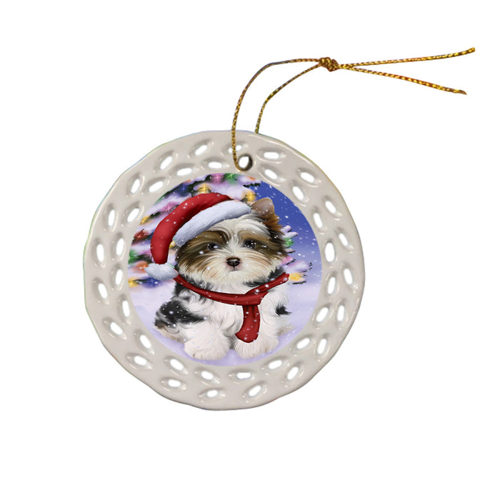 Winterland Wonderland Biewer Terrier Dog In Christmas Holiday Scenic Background Ceramic Doily Ornament DPOR53737