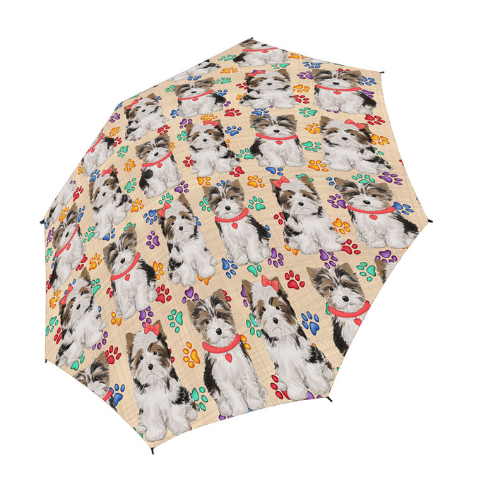 Rainbow Paw Print Biewer Dogs Red Semi-Automatic Foldable Umbrella
