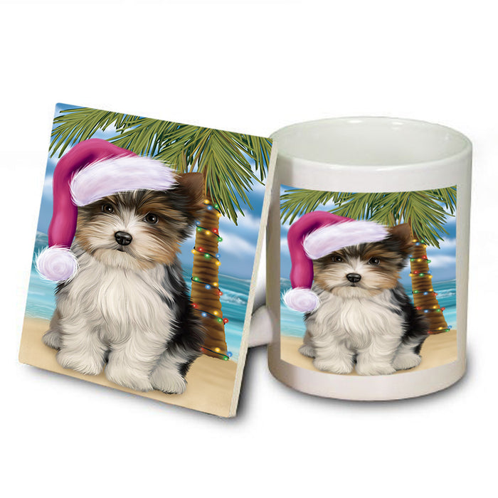 Summertime Happy Holidays Christmas Biewer Terrier Dog on Tropical Island Beach Mug and Coaster Set MUC54403