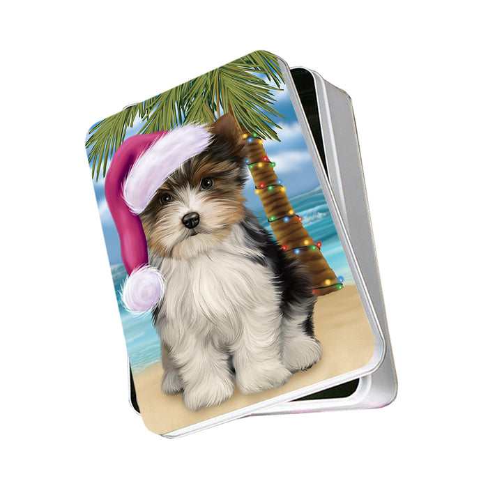Summertime Happy Holidays Christmas Biewer Terrier Dog on Tropical Island Beach Photo Storage Tin PITN54354