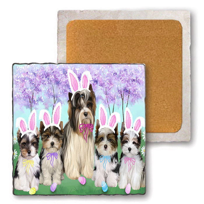 Easter Holiday Biewer Terriers Dog Set of 4 Natural Stone Marble Tile Coasters MCST51879