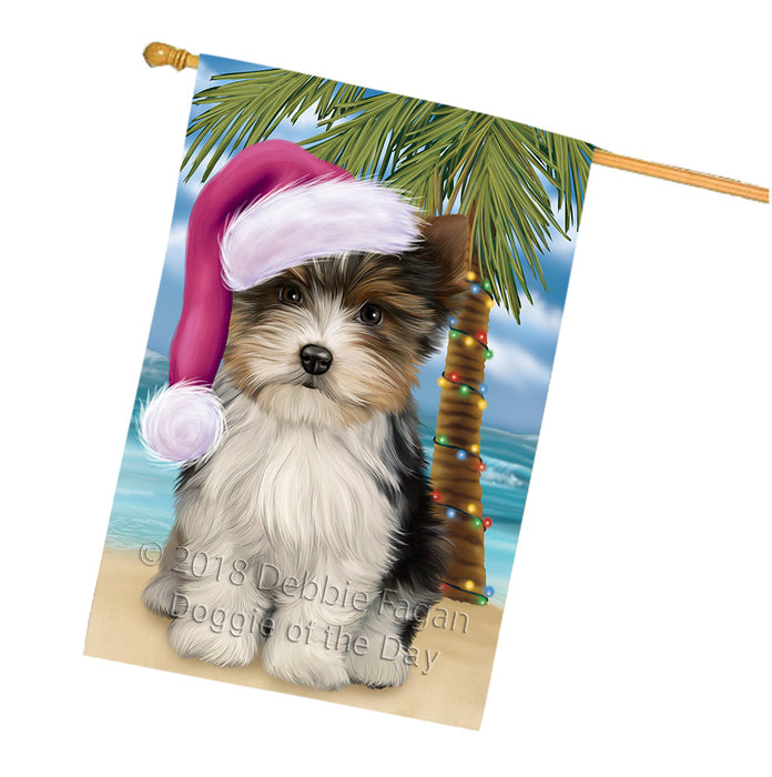 Summertime Happy Holidays Christmas Biewer Terrier Dog on Tropical Island Beach House Flag FLG54737