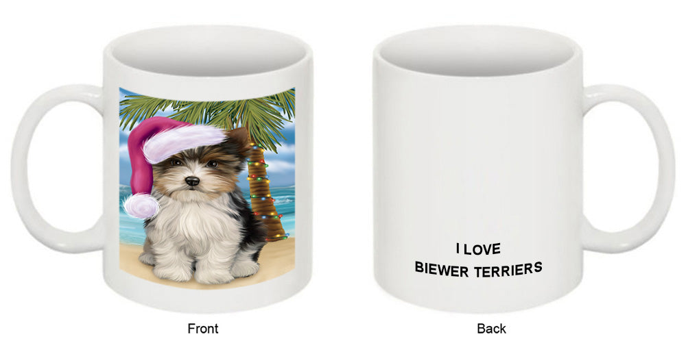 Summertime Happy Holidays Christmas Biewer Terrier Dog on Tropical Island Beach Coffee Mug MUG49809