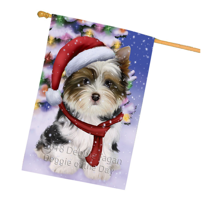 Winterland Wonderland Biewer Terrier Dog In Christmas Holiday Scenic Background House Flag FLG53935
