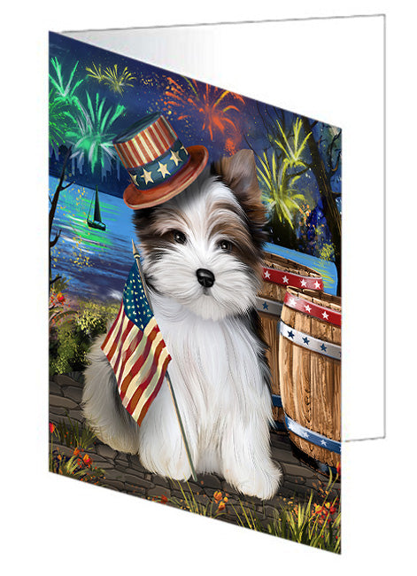 4th of July Independence Day Fireworks Biewer Terrier Dog at the Lake Handmade Artwork Assorted Pets Greeting Cards and Note Cards with Envelopes for All Occasions and Holiday Seasons GCD57311