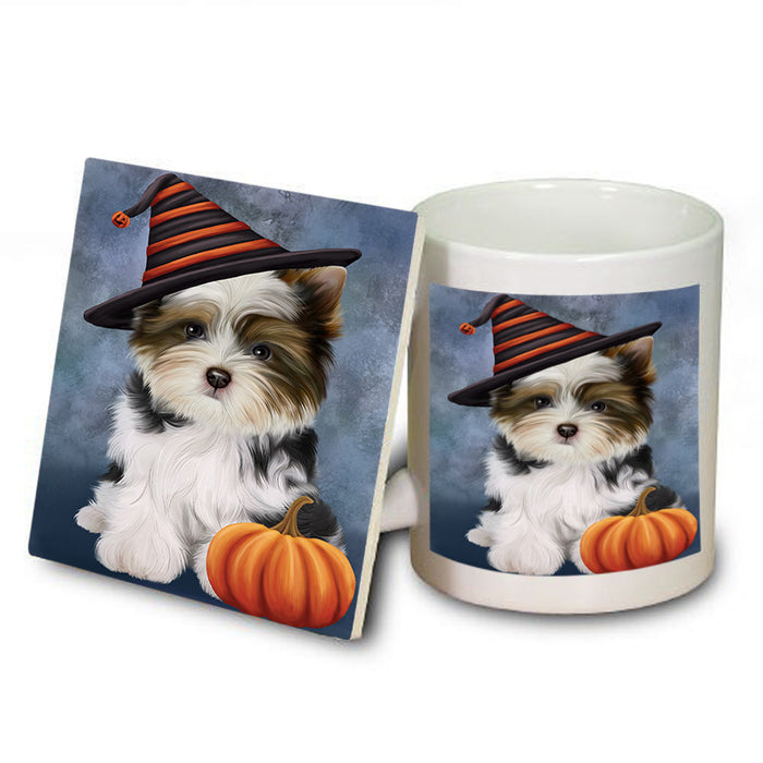 Happy Halloween Biewer Terrier Dog Wearing Witch Hat with Pumpkin Mug and Coaster Set MUC54709
