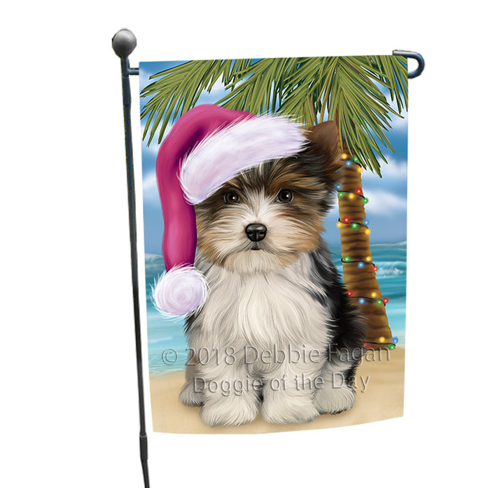 Summertime Happy Holidays Christmas Biewer Terrier Dog on Tropical Island Beach Garden Flag GFLG54601