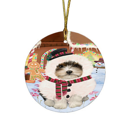 Christmas Gingerbread House Candyfest Biewer Terrier Dog Round Flat Christmas Ornament RFPOR56544