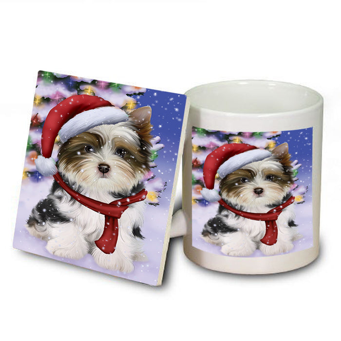 Winterland Wonderland Biewer Terrier Dog In Christmas Holiday Scenic Background Mug and Coaster Set MUC53729
