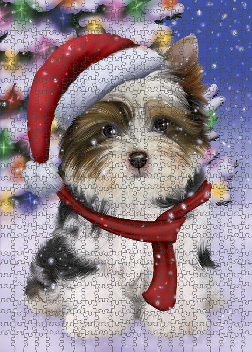 Winterland Wonderland Biewer Terrier Dog In Christmas Holiday Scenic Background Puzzle with Photo Tin PUZL82104