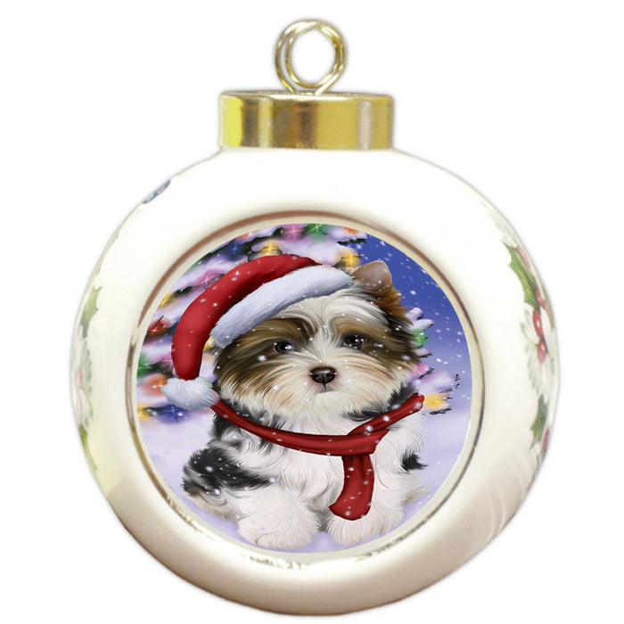 Winterland Wonderland Biewer Terrier Dog In Christmas Holiday Scenic Background Round Ball Christmas Ornament RBPOR53737