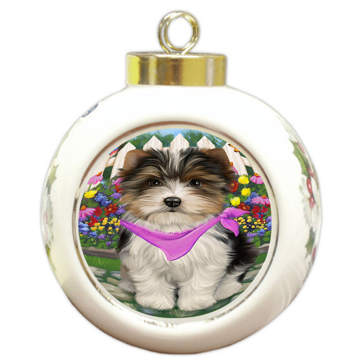 Spring Floral Biewer Terrier Dog Round Ball Christmas Ornament RBPOR52238