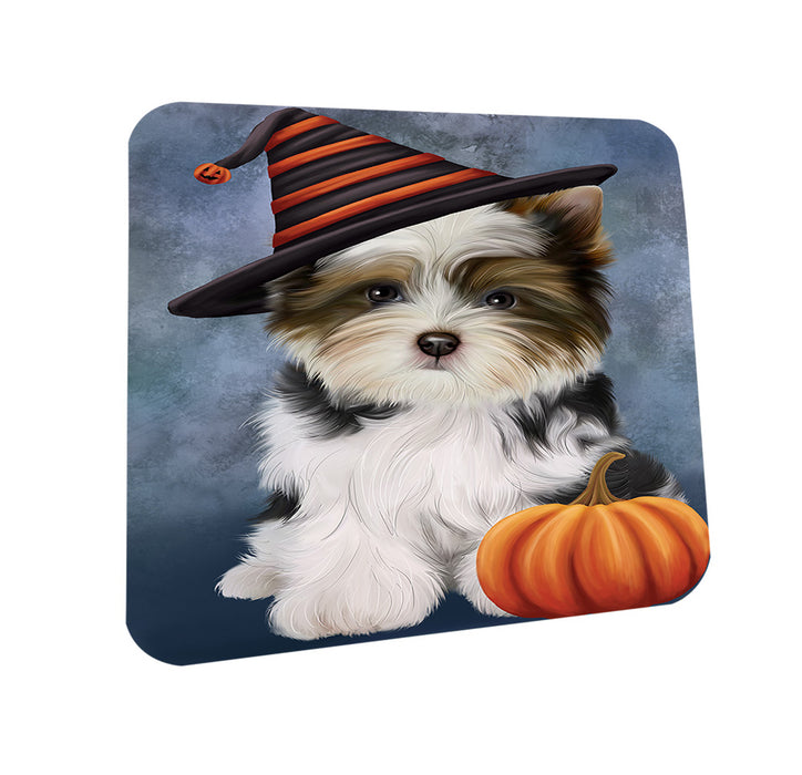 Happy Halloween Biewer Terrier Dog Wearing Witch Hat with Pumpkin Coasters Set of 4 CST54675