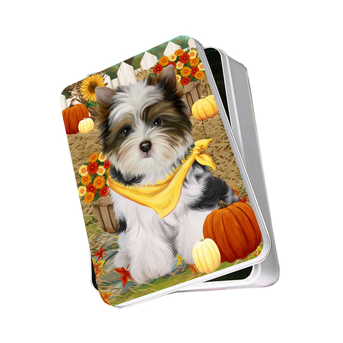 Fall Autumn Greeting Biewer Terrier Dog with Pumpkins Photo Storage Tin PITN52309