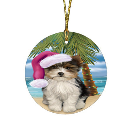 Summertime Happy Holidays Christmas Biewer Terrier Dog on Tropical Island Beach Round Flat Christmas Ornament RFPOR54530