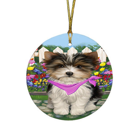 Spring Floral Biewer Terrier Dog Round Flat Christmas Ornament RFPOR52229