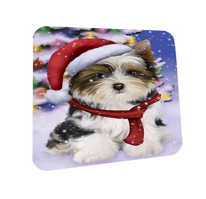 Winterland Wonderland Biewer Terrier Dog In Christmas Holiday Scenic Background Coasters Set of 4 CST53695