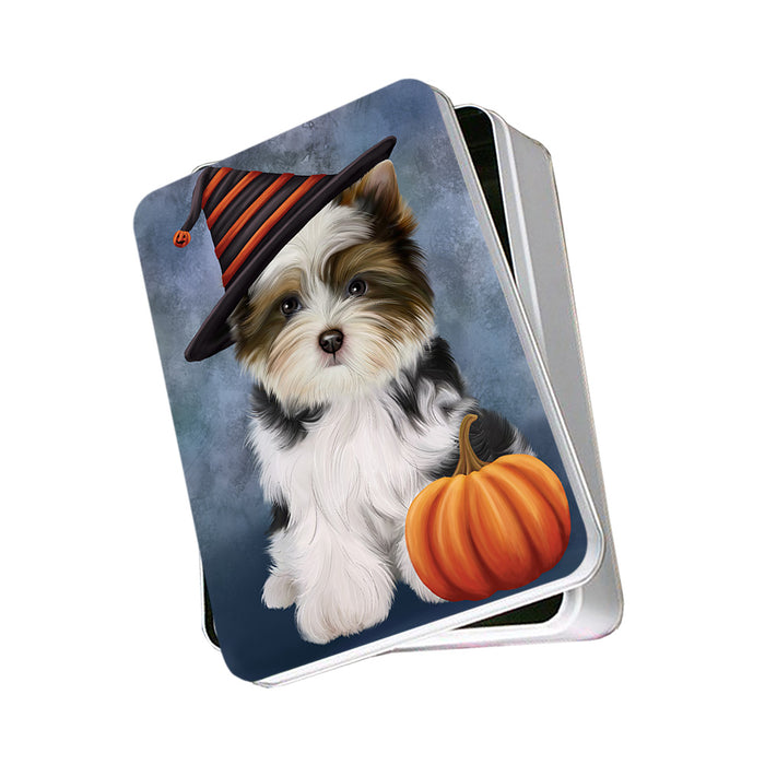 Happy Halloween Biewer Terrier Dog Wearing Witch Hat with Pumpkin Photo Storage Tin PITN54660