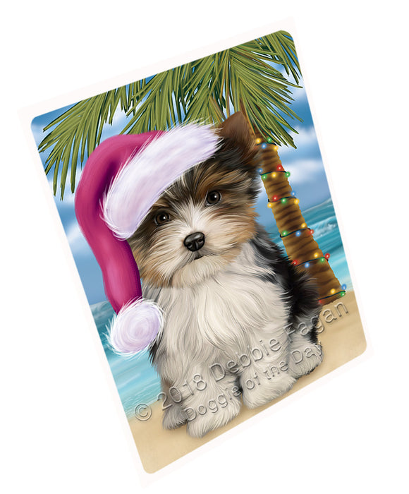 Summertime Happy Holidays Christmas Biewer Terrier Dog on Tropical Island Beach Large Refrigerator / Dishwasher Magnet RMAG88116