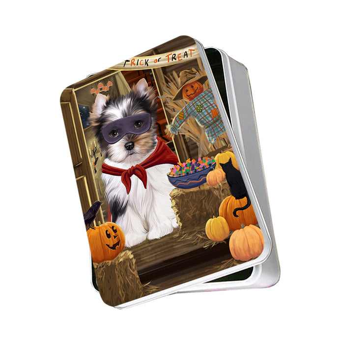 Enter at Own Risk Trick or Treat Halloween Biewer Terrier Dog Photo Storage Tin PITN53010