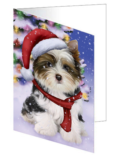 Winterland Wonderland Biewer Terrier Dog In Christmas Holiday Scenic Background Handmade Artwork Assorted Pets Greeting Cards and Note Cards with Envelopes for All Occasions and Holiday Seasons GCD65240