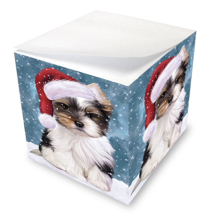Let it Snow Christmas Holiday Biewer Terrier Dog Wearing Santa Hat Note Cube NOC55927