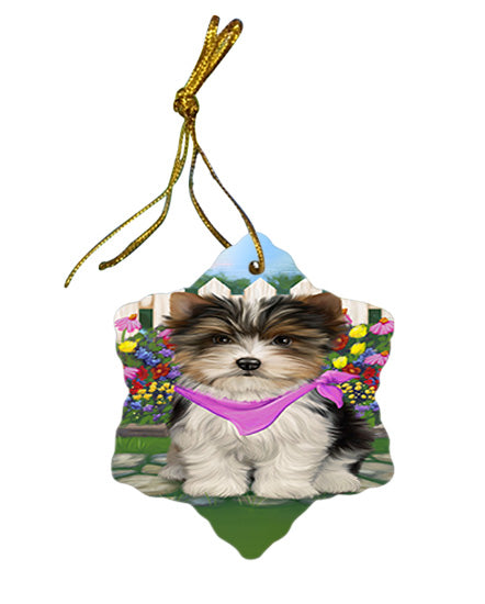 Spring Floral Biewer Terrier Dog Star Porcelain Ornament SPOR52229