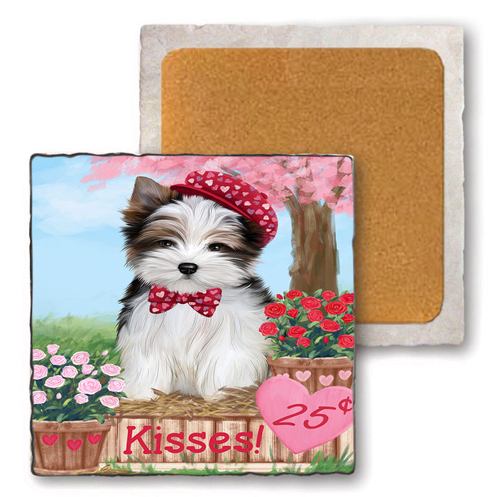 Rosie 25 Cent Kisses Biewer Terrier Dog Set of 4 Natural Stone Marble Tile Coasters MCST50930
