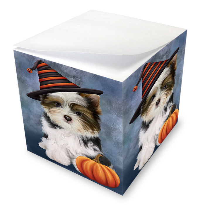 Happy Halloween Biewer Terrier Dog Wearing Witch Hat with Pumpkin Note Cube NOC56363